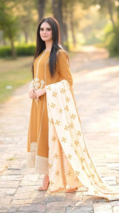 Libas -DHANAK-3PC EMBROIDERED SHIRT WITH DHANAK EMBROIDERED DUPATTA