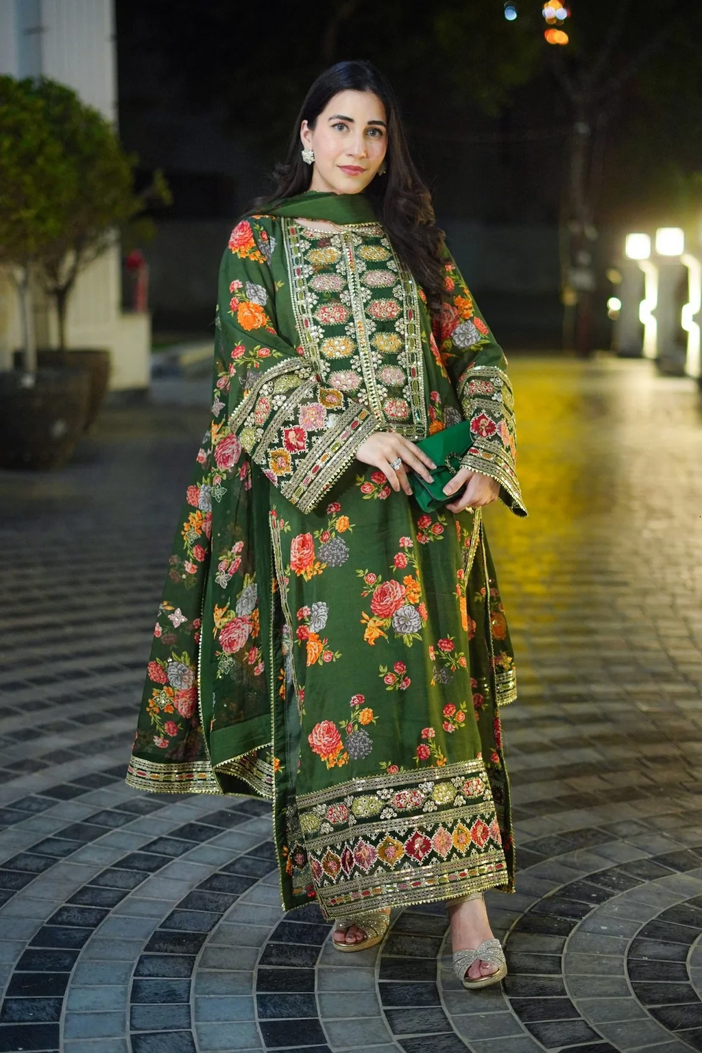 Aneelas Silk Dress Embroidered Unstitched 3 Piece Green Lux-15